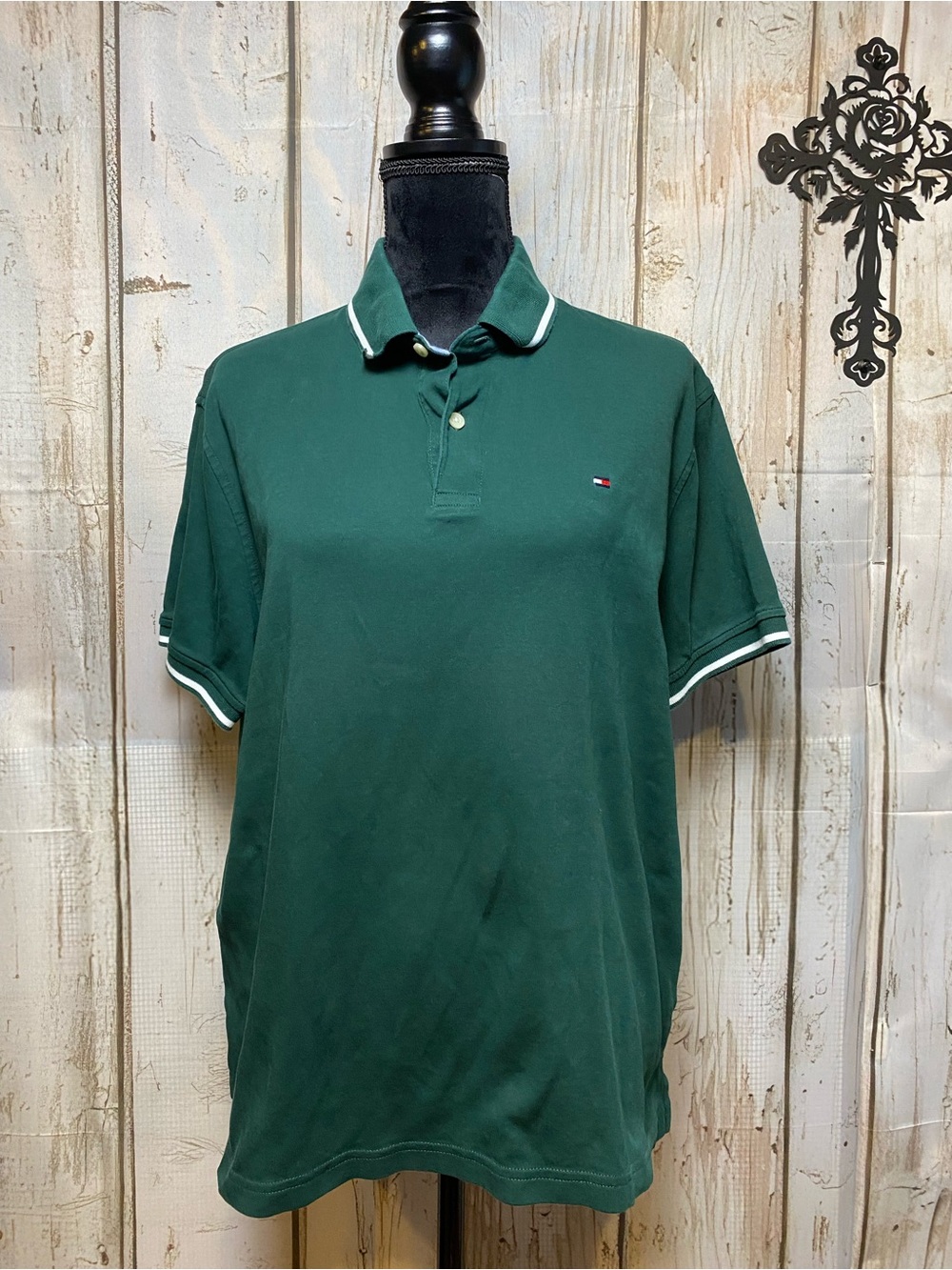 Tommy Hilfiger Dark Green Polo with White Trim Sz-L
